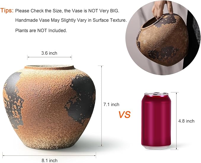 GeLive Round Ceramic Vase Brown Rustic Textured Moon Jar Table Centerpiece Pottery Vase Decorative Planter Pot Flower Container for Fresh Dried Plants Home Decor Kitchen Utensil Holder