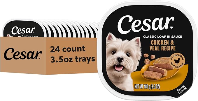 Cesar Classic Loaf in Sauce Wet Dog Food, Chicken & Veal, 3.5 oz, 24 Count | Made in USA, Real chicken #1 ingredient, no fillers/added sugar/artificial flavors, use as meal or topper, easy peel trays