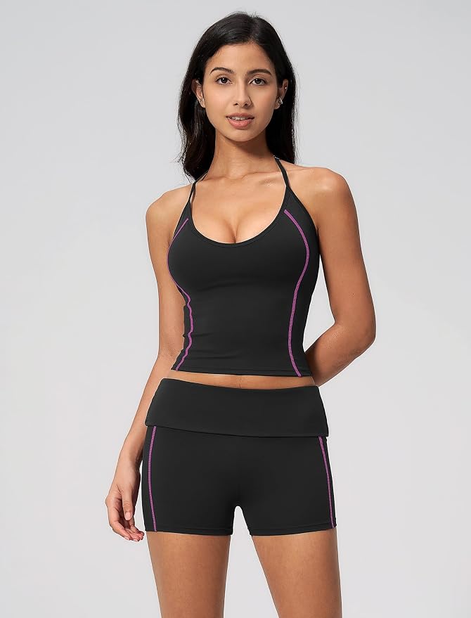 QBGJTD Women 2 Piece Workout Set Color Block Open Back Halter Top and High Waist Booty Lifting Shorts Yoga Outfit