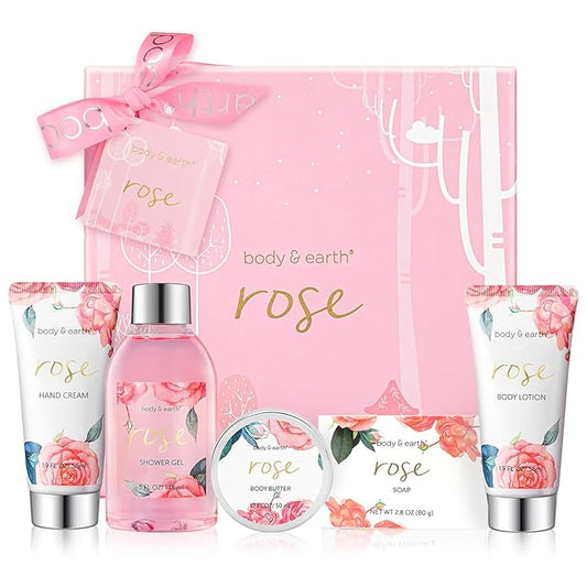 Bath and Body Gift Set for Women, Body & Earth 5 Pcs Rose Spa Gifts for Women, Self Care Kit, Lotion Set for Her, Birthday, Mothers Day Presents for Mom, Wife, girlfriend