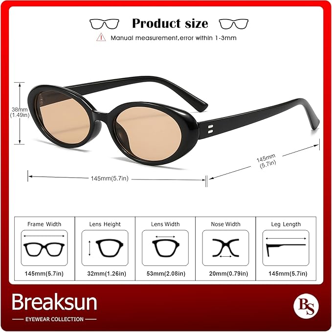 Breaksun Retro Oval Sunglasses for Women Men Fashion Small Oval Sunglasses 90s Vintage Shades