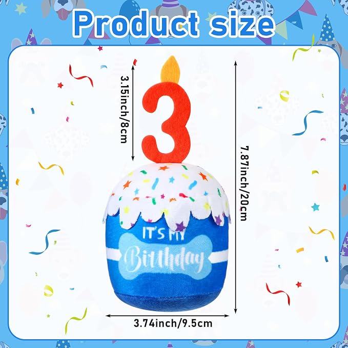 Dansydaisy Dog Birthday Cake Toy Squeaky Plush Gift,3rd,Blue