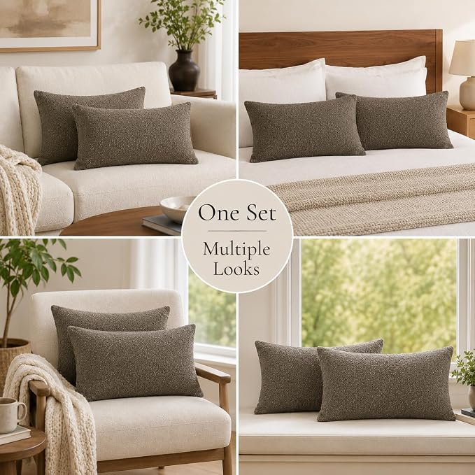 JoraLion 12x20 inch Boucle Throw Pillow Covers, Brown Woven Texture Neutral Pillow Cover Breathable Cushion Case for Couch Sofa Bed Living Room Home Decor, Pack of 2, No Insert
