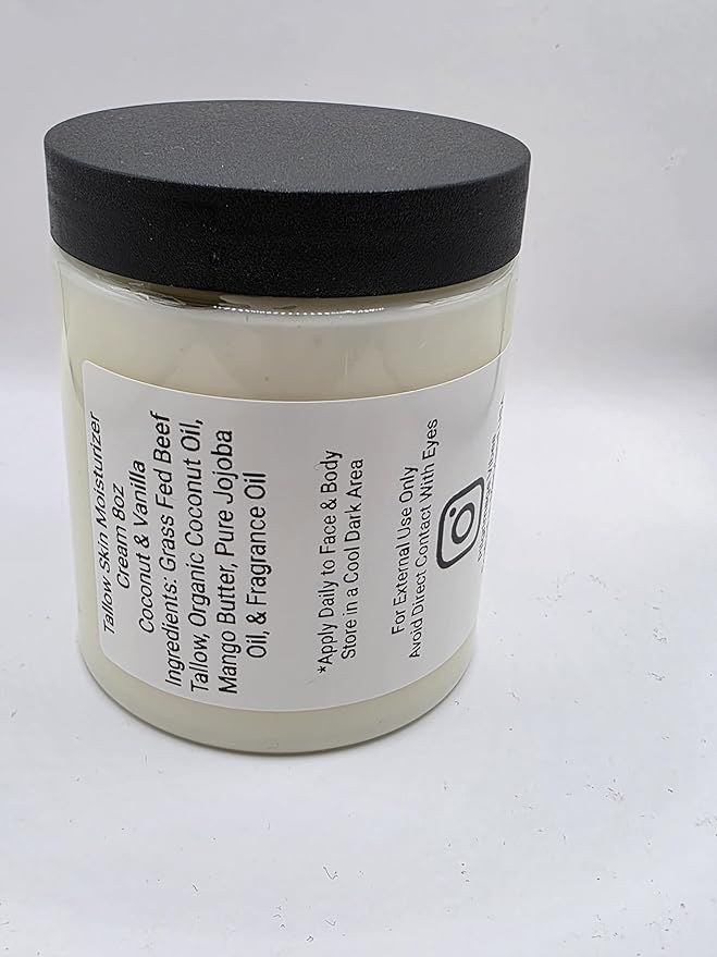 Tallow Skin Moisturizer Cream with Nourishing Oils Handmade Grass Fed Beef Tallow Cream 8oz (Coconut & Vanilla Scent)