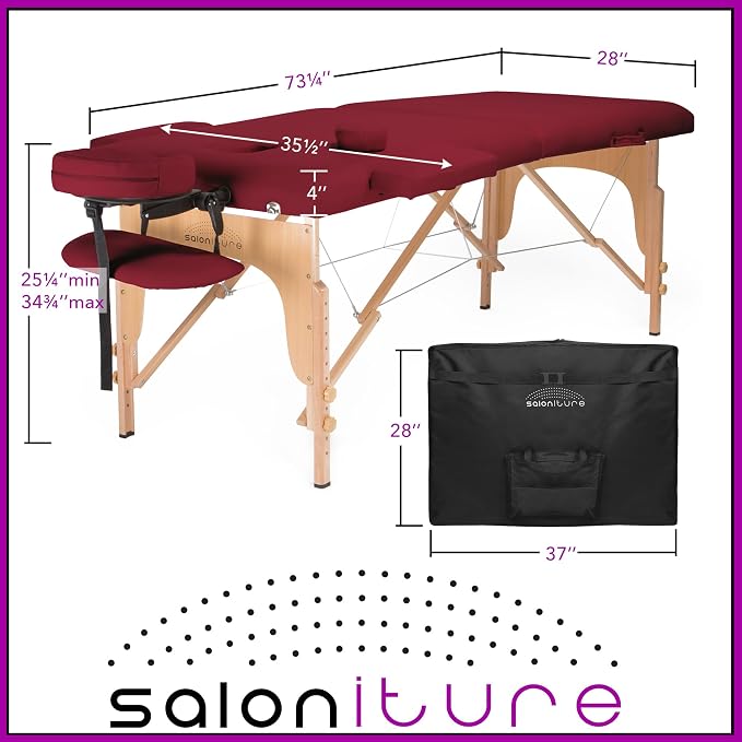 Saloniture Professional Portable Folding Massage Table with Carrying Case - Burgundy