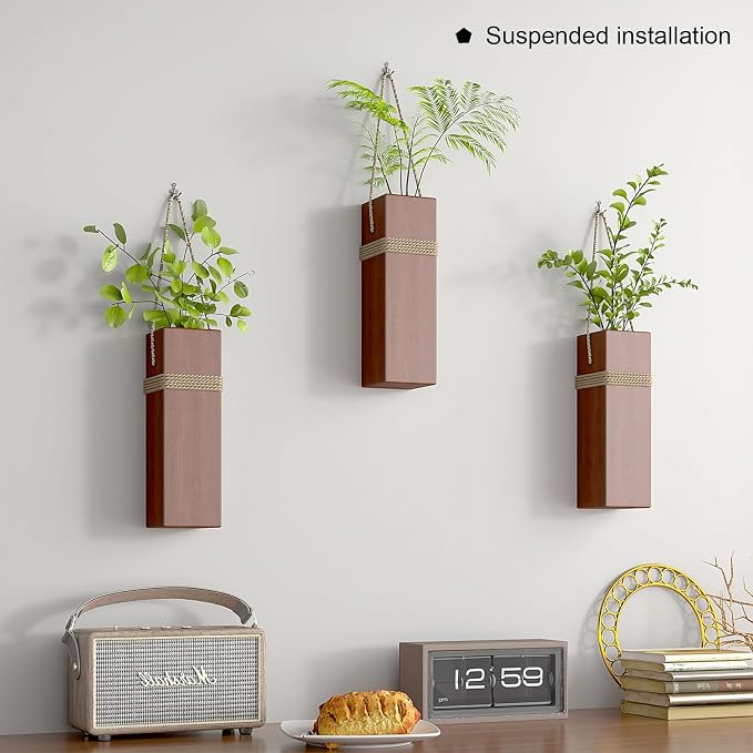 Wall Mount Wood Vase, Rope | Living Room, Modern Wood Planter Art Decor, For Fake Plants Greenery Flowers, Farmhouse Style, Multi-Room Use