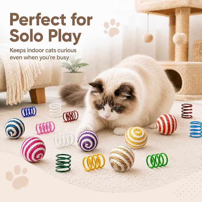 Cat Toys for Indoor Cats, 6 Sisal Balls & 24 Colorful Springs