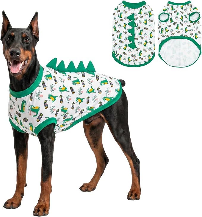 UPF 50+ Sun Protection Dog Shirt - Sleeveless Cooling Vest for Medium Dogs Boy, Quick-Dry Pet T-Shirt with Funny Dinosaur Horns, UV Protective Breathable Dog Clothes U-COSBX11M
