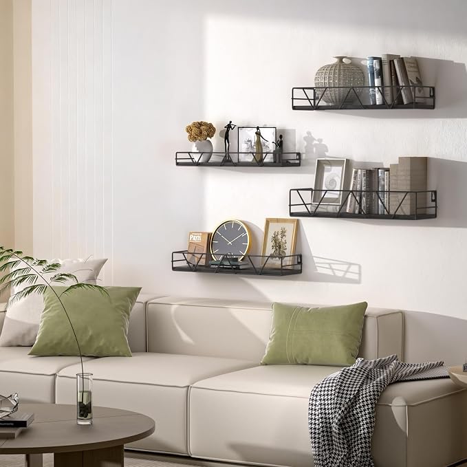 Floating Shelves Set of 4, Wood Wall Shelf, Farmhouse Shelf for Bedroom | Wall Mounted Floating Shelf for Living Room, Bedroom, Bathroom, Kitchen, Office