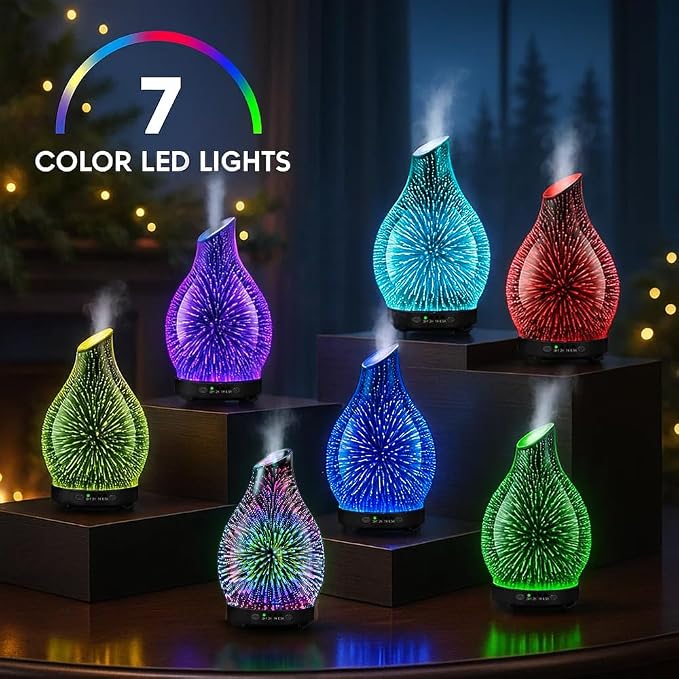 120ML Essential Oil Diffuser, 3D Glass Aromatherapy Diffuser with Auto Shut-Off and 7 Color LED Lights, Ultrasonic Mist Humidifier with 4 Timer for Home Office Bedroom (3D Fireworks)