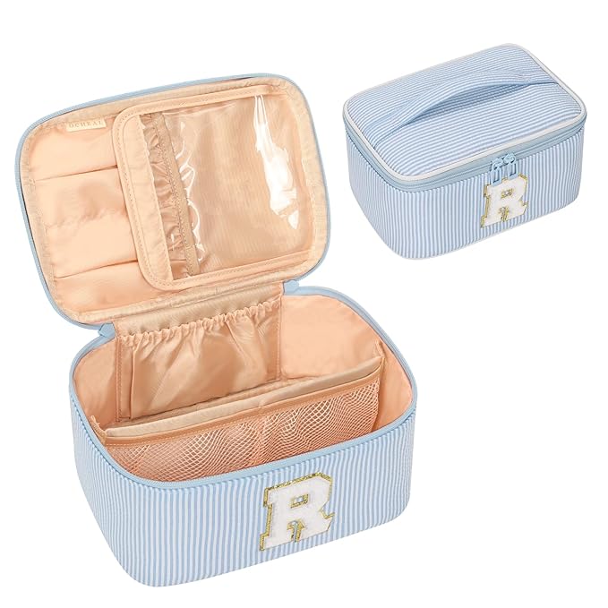 OCHEAL Makeup Bag Valentines Day Gifts for Women, Monogram Cosmetic Bag Blue Travel Makeup Case Beauty Toiletry Bag Organizer Personalized Gifts for Girls Bridesmaid, Sister, Wife, Friends Initial R