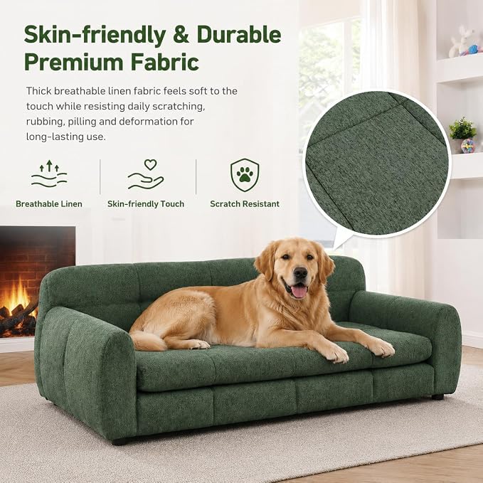 51"×28" Large Dog Sofa, for Large & Extra Large Dogs | Detachable Cushion | Reinforced Low Base|Non-Sagging |Linen Fabric | Soft Cushion | Armrest & Backrest | Olive Green