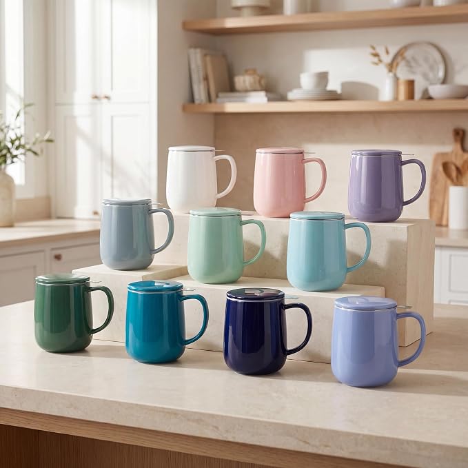 Sweese Porcelain Teacup with Infuser and Lid, 20oz, Steel Blue, Microwave Safe, Reusable