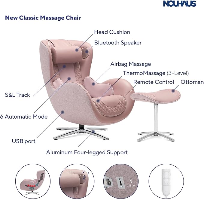 Nouhaus Classic Massage Chair with Ottoman – Pink Leather Recliner with Percussive Shiatsu Massager, Built-in Speaker & Full Body Spot Massage – Ultimate Comfort for Home & Office
