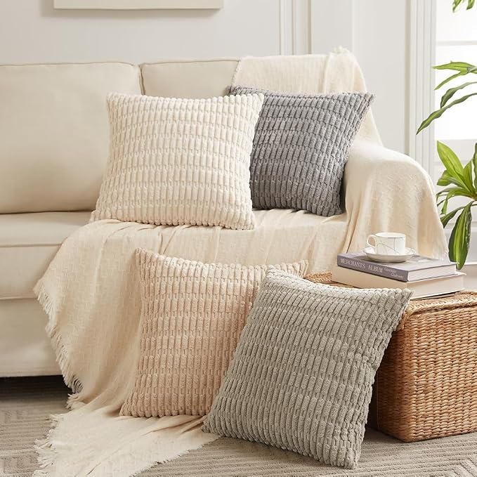 Fancy Homi 4 Packs Decorative Throw Pillow Covers for Living Room Couch Bed, Modern Farmhouse Boho Home Décor Accent Cushion Case, 14" x 14", Cream