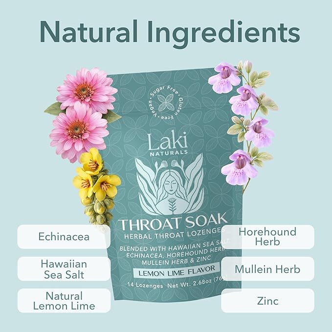 Laki Naturals Throat Soak Herbal Throat Lozenges (2 Pack) – Hawaiian Sea Salt Sore Throat & Dry Mouth Soothing Drops – Vegan, Non-GMO, Sugar-Free & Gluten-Free Sweet and Salty Herbal Candies