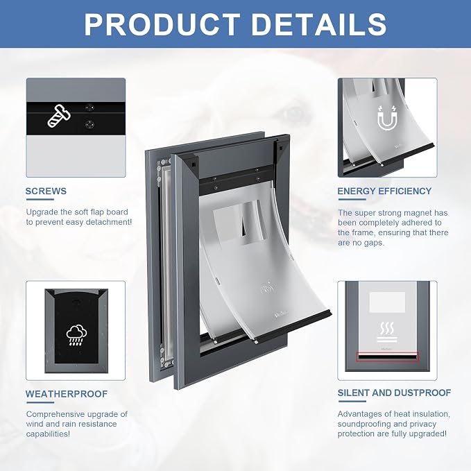 MAVRICFLEX Heavy Duty Aluminum Doggy Door for Door, Medium, Dark Gray | Doggie Door with 2 Sliding Lock Panels & Magnetic Double Flaps, Energy Efficient Design for Medium Dogs Up to 40 LBS