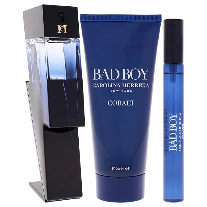 Carolina Herrera Bad Boy Cobalt 3-Piece Gift Set for Men, (Eau De Parfum 3.4 oz + Shower Gel 3.4 oz + Travel Spray 0.34 oz) – Limited Edition