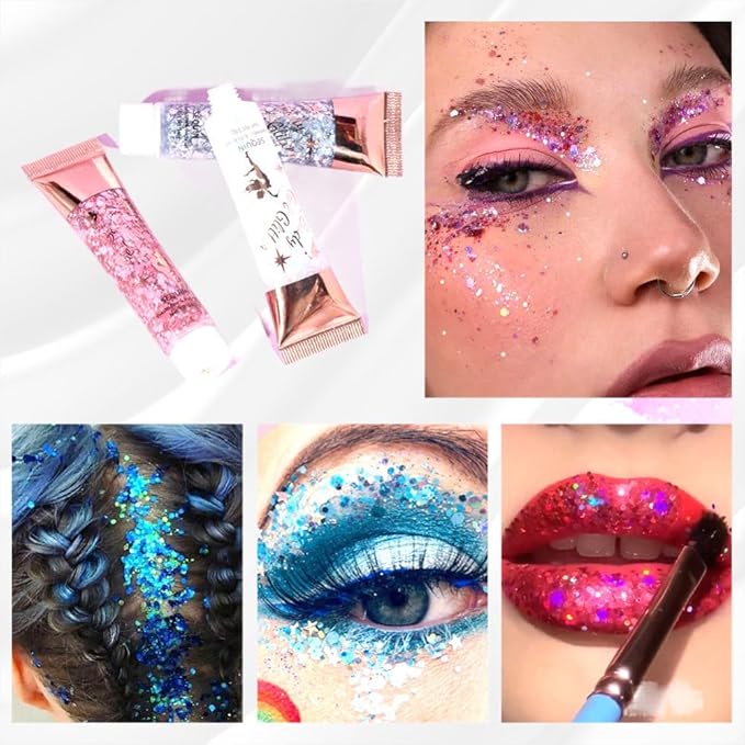 8 Color Body Glitter Silver Face Hair Self Adhesive Gel Festival Accessories Cosmetic Glitter Long Lasting Chunky Sequins Glitters for Eye Lip Nails Gel Festival Rave 23g
