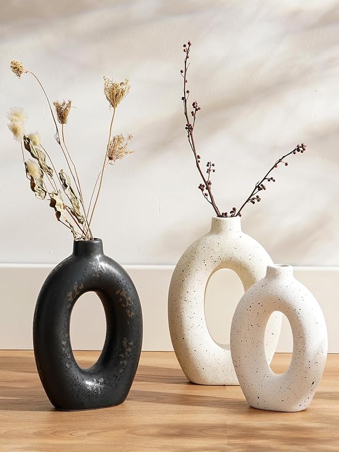 LE TAUCI Ceramic Vases Set of 2, Black Hollow Donut Flower Vases, Modern Decorative Centerpiece for Home Decor, Coffee Table, Shelf, Mantel, Black Bronze Speckle (H10.5”xW8.5”)