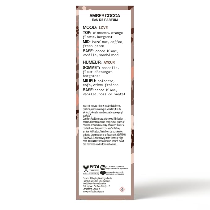 Pacifica Amber Cocoa Eau de Parfum – Warm Spiced Gourmand Perfume for Women with Cinnamon, Coffee, Vanilla & Sandalwood, Long Lasting, Vegan, Cruelty-Free, Paraben-Free, 1 fl oz