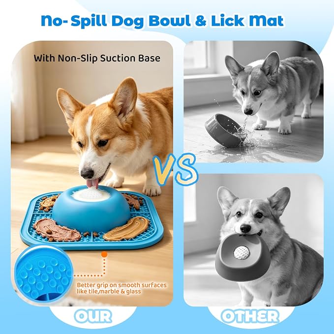 Slow Eating Dog Bowls & Lick Pad for Liquid & Creamy Snacks, Non-Slip Pet Lick Bowl with Interactive Rolling Ball, 5/6 Cup Puppy Lick Toy for Small Medium Large Dogs & Cats (Blue)