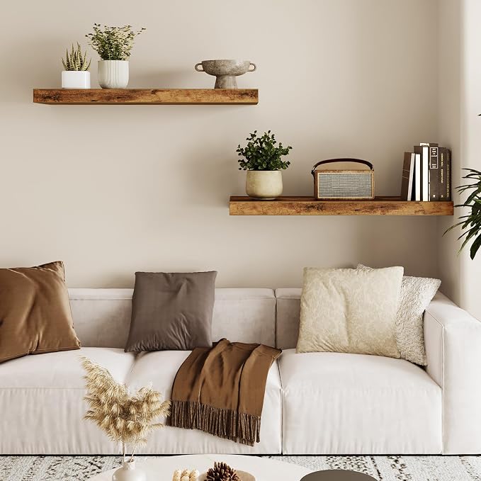 Fixwal Floating Wall Shelves for Decor (Rustic Brown, Set of 2, 22Inch) | MDF Shelf with Metal Brackets, Space Saving for Books , Decor, Fits Bathroom, Kitchen, Bedroom, or Office