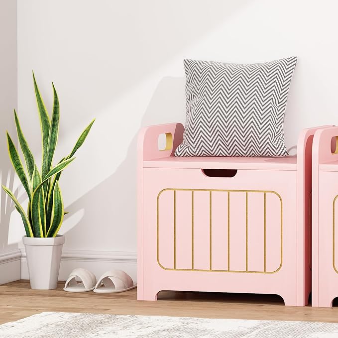 Aenuert Storage Chests, Small Cube Organizer Box,Wooden Entryway Storage (Pink, With Handle)