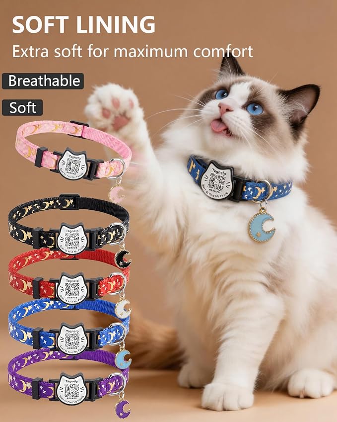QR Code Pet ID Cat Collar - Breakaway Safety Kitten Collar with Glow in The Dark & Bell, Cute Moons Stars Adjustable Collar for Cats, Online Profile for Medical Info, Contact & Lost Pet Recovery(Blue)