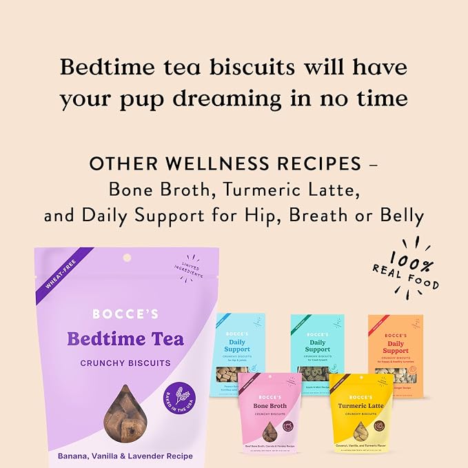 Bocce's Bakery Bedtime Tea Flavor Crunchy Biscuits Dog Treats, 5 oz | Oven Baked, Wheat-Free Everyday Dog Treat Biscuits - Made with Real, Limited Ingredients and Baked in The USA