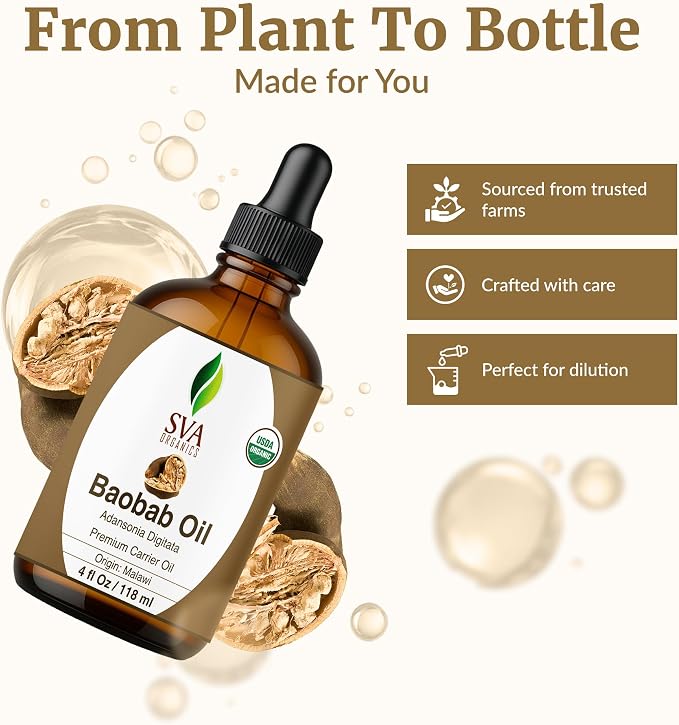 SVA Baobab Seed Oil Organic - 4 Fl Oz – 100% Natural Cold Pressed Organic Baobab Oil - for Face, Skin Care, Hair Care, Scalp Massage & Body Massage – Carrier Oil with Dropper
