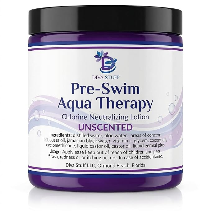 Diva Stuff Pre-Swim Aqua Therapy Chlorine Neutralizing Body Moisturizing Lotion for Swimmers, Protects Skin from Chlorine & Salt Water, 8 oz - Made in the USA, Unscented