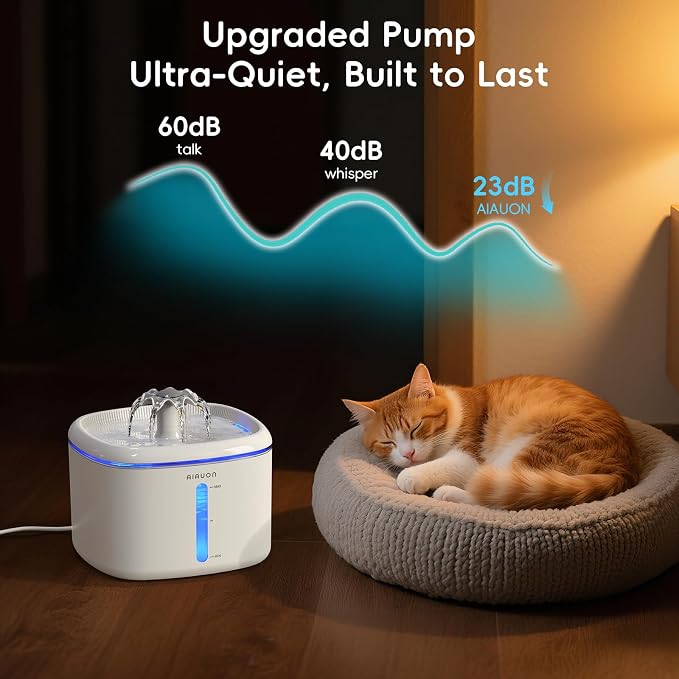 Cat Water Fountain,2.5L/84oz Pet Water Fountain for Cats Inside, Cat Fountain for Drinking with Ultra Quiet Pump(≤20dB)& LED Blue Light - for Pets S