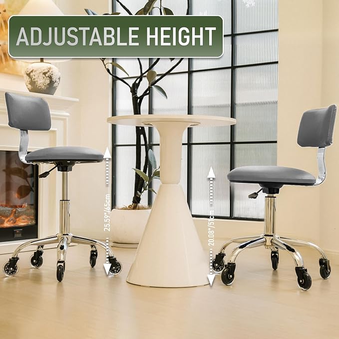 Rolling Stool Chair with Wheels, Height Adjustable Stool with Back Support, Heavy Duty Rolling Shop Chair with PU Leather Seat Cushion for Salon Spa Massage Kitchen Vanity Garage Tattoo Dentist(Grey)