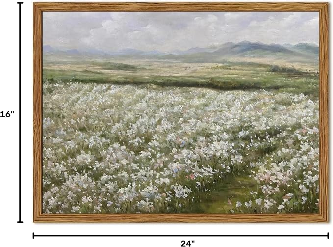 Framed Vintage Landscape Wall Art, Country Wildflower Field Pictures Wall Decor, Rustic Nature Flower Paintings Canvas Prints Farmhouse Home Decor for Living Room Bedroom Bathroom 16x24 inch