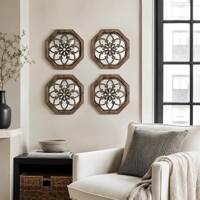 4 Pack 12 Inch Octagon Maroon Rustic Wood Frame Acrylic Wall Mirrors, Farmhouse Boho Wall Art Decor for Living Room, Bedroom, Hallway, Entryway, Bathroom & Office