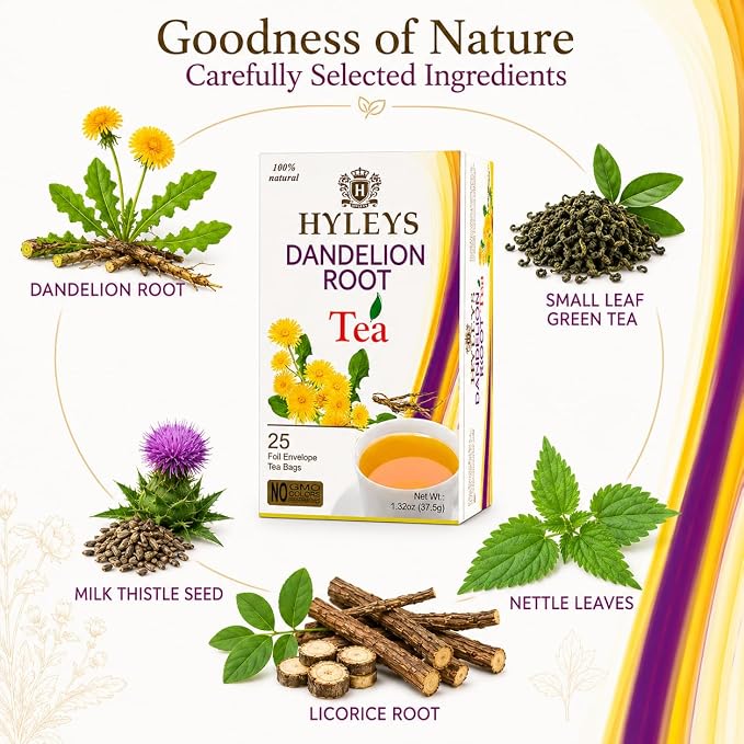 Hyleys Dandelion Root & Green Tea with Milk Thistle and Licorice Root - Herbal Detox Blend - 25 Tea Bags (12 Pack - 300 Tea Bags Total)