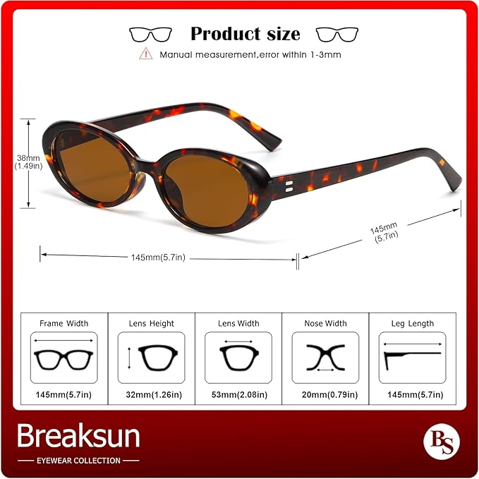 Breaksun Retro Oval Sunglasses for Women Men Fashion Small Oval Sunglasses 90s Vintage Shades