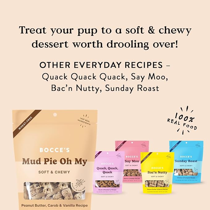 Bocce's Bakery Mud Pie Oh My Soft & Chewy Dog Treats (PB, Carob & Vanilla) | Oven Baked, Wheat-Free Everyday Dog Treat Cookies - Made with Real, Limited Ingredients and Baked in The USA (6 oz)