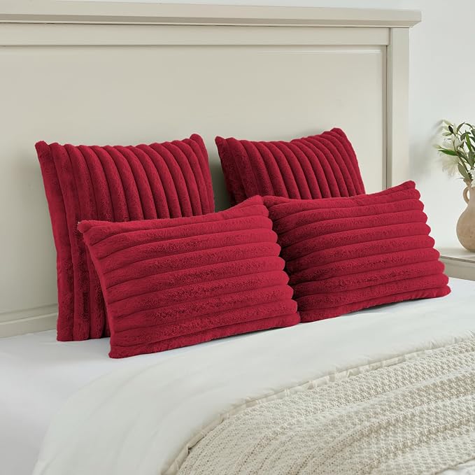 FUTEI Pack of 2 Faux Fur Throw Pillow Covers 28x28 Inch, Retro Red | Fluffy Faux Rabbit Fur Front/Premium Velvet Back,Hidden Zipper,Machine Washable,Non-Shedding,Colorfast,Insert Not Included.