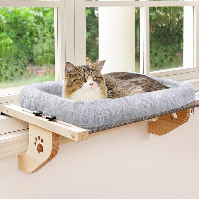 AMOSIJOY Wooden Cat Windowsill Perch with Zipper Cushion Bed, 24.4in | Sturdy Wood & Metal Frame Hold up to 40lbs, Machine Washable, Easy to Adjust, Hook-on Mounting Cat Hammock Seat for Large Cat