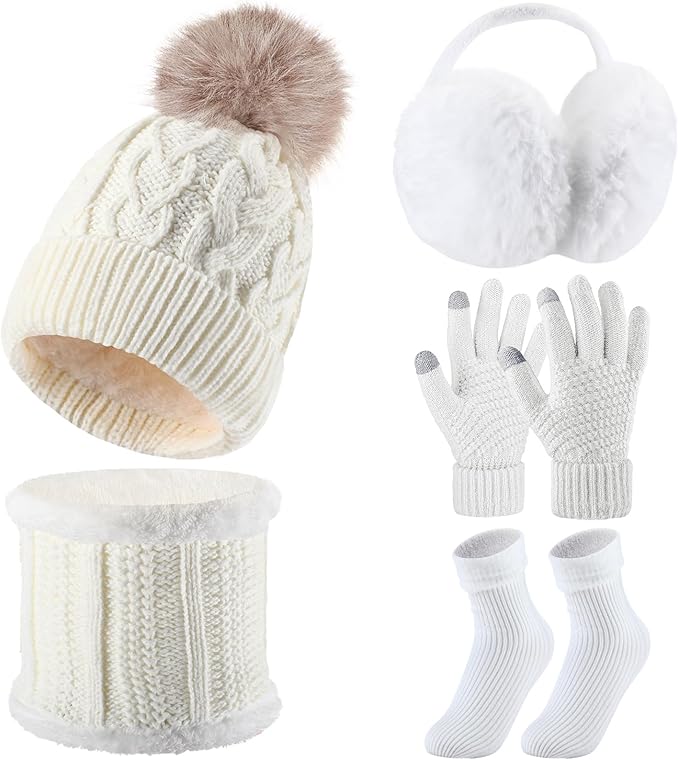 SATINIOR 5 Pcs Winter Hat Scarf Gloves Set Fleece Warm Lined Knit Beanie Hat Touch Screen Earmuff Gloves Warmer for Women(White,Vivid Style)