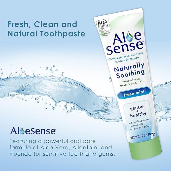AloeSense Naturally Soothing Toothpaste for Sensitive Teeth and Gum Care with Aloe Vera, Allantoin & Fresh Mint Flavor, Gentle & Natural, ADA Approved (5-oz, 3 Count)