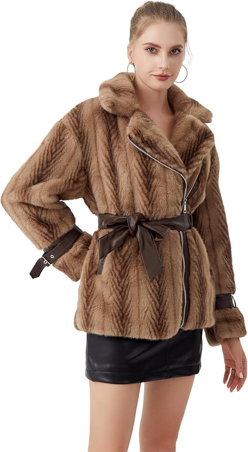 GRAN ORIENTE Womens Belted Winter Faux Fur Coats, Cropped Fuzzy Cuff Furry Zipper Up Warm Jackets Outwear