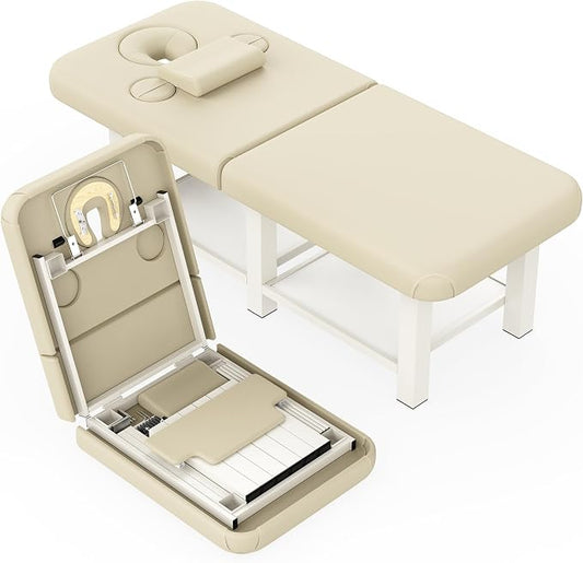 Extra Large 34''×80'' Folding Stationary Massage Table with Adjustable Backrest, Heavy-Duty Metal Frame PU Leather Treatment Bed for Spa, Physical Therapy, Tattoo, Facial & Medical Exam - Beige Gray