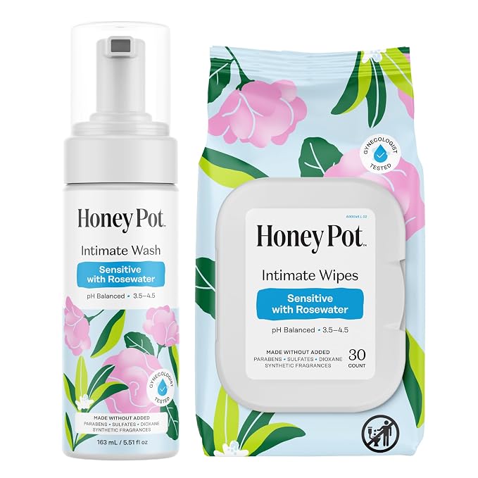 Honey Pot - Feminine Wash & Wipes - Sensitive w/Rosewater Bundle - Herbal Infused - Sensitive Skin Types - pH Balanced Plant Based Hygiene Products
