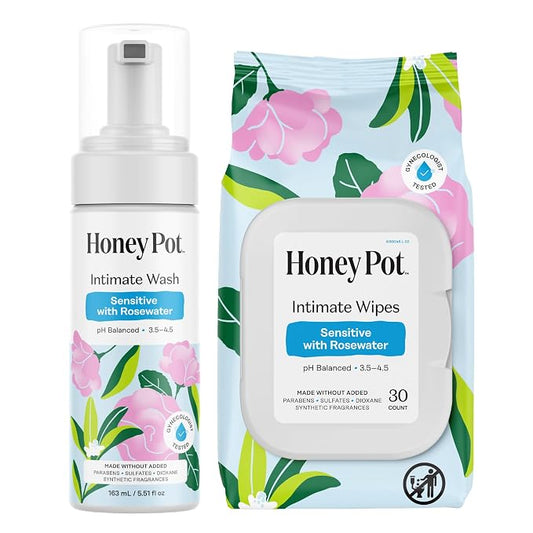 Honey Pot - Feminine Wash & Wipes - Sensitive w/Rosewater Bundle - Herbal Infused - Sensitive Skin Types - pH Balanced Plant Based Hygiene Products
