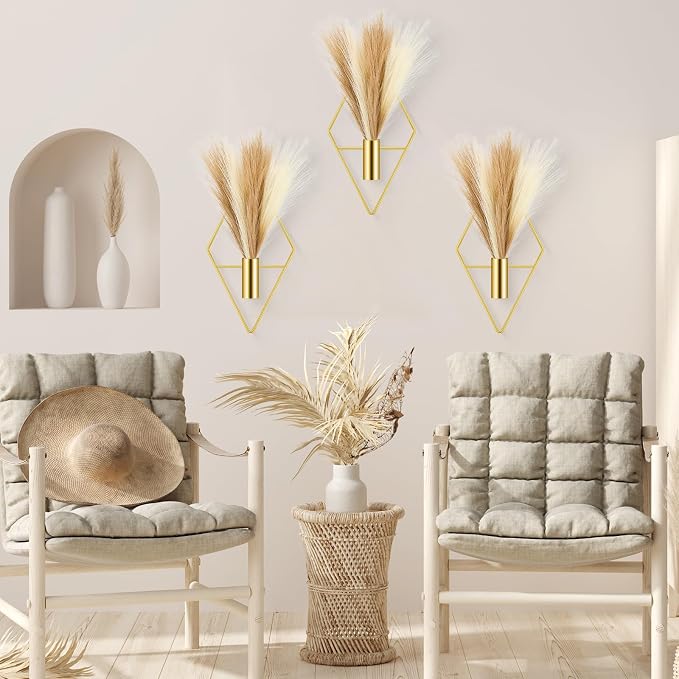 Hanaive 4 Sets Boho Wall Decor Metal Wall Art Hanging Planters with Artificial Pampas Display Modern Home Vase for Bedroom Home Office (Classic,Gold, Beige, Dark Coffee)