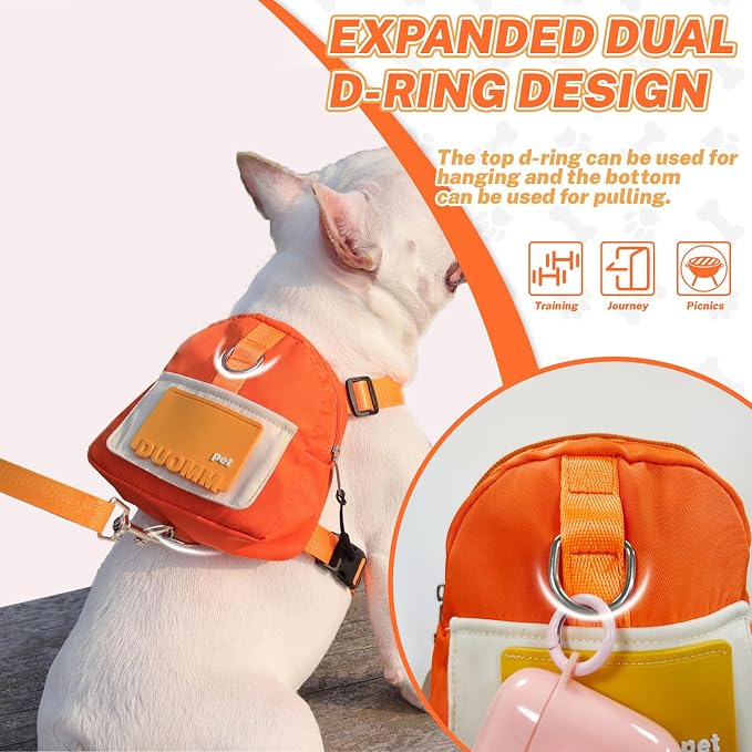 Orange Dog Harness Backpack with Leash & Poop Bag Dispenser, Modern Style, Medium Dog, 17-33 Lb, 5.9" x 5.9" x 2.3"
