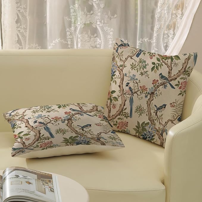 Navy Blue Green Flower Bird Pillow Covers 18x18 Set of 2 Chinoiserie Floral Throw Pillows Vintage Bird Decorative Pillow Cases Outdoor Chinoiserie Decor Farmhouse Cushion Case for Couch Sofa